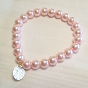 New Pink Pearl Glass Silver Medal Religious Bracelet